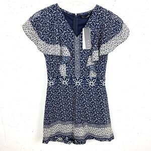 KAS New York Women's Flutter Sleeve V-Neck Romper Blue Floral Print Lined Small